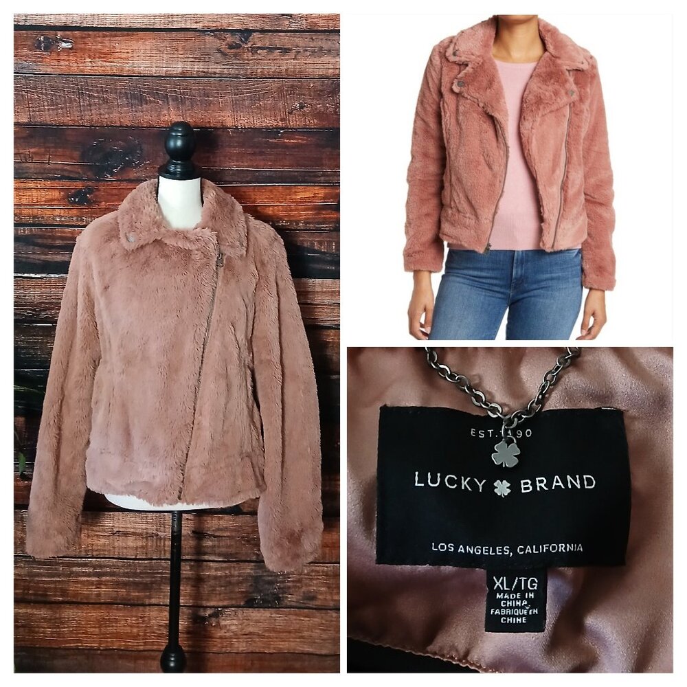Lucky Brand Coat XL Faux Fur Moto Jacket Super Soft Dusty Rose Asymmetrical Zip